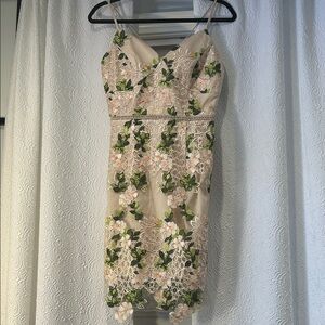 Minuet Anthropologie Pink Blush and Green Floral Embroidered Floral Mini Dress